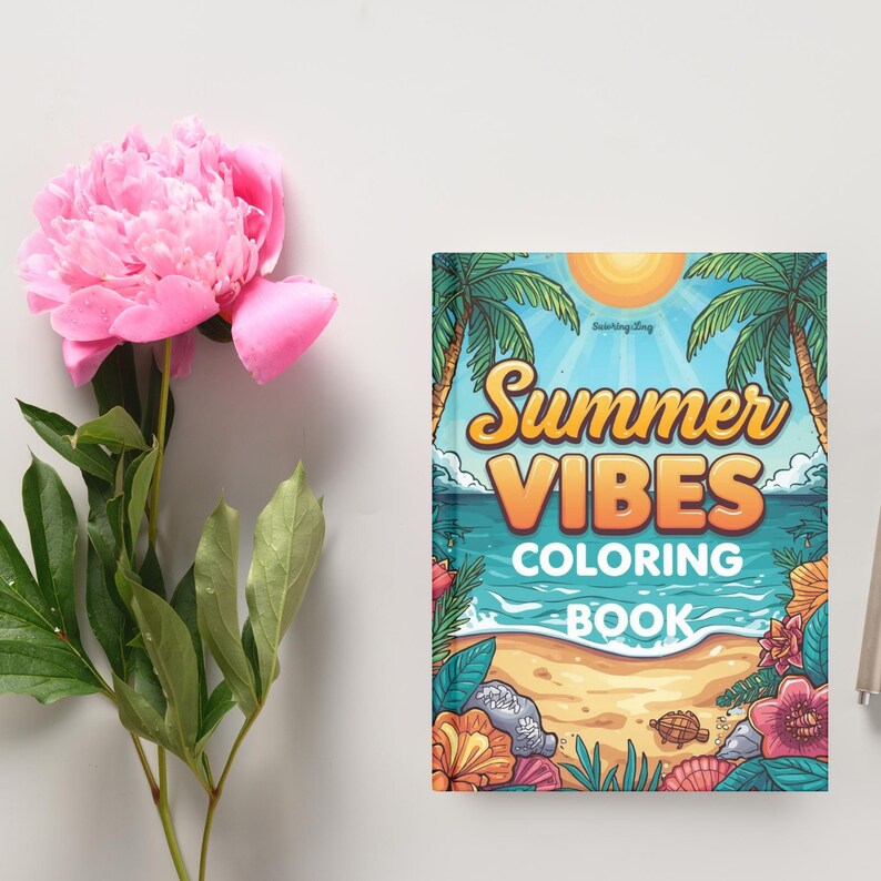 May include: A "Summer Vibes Coloring Book" with a beach scene cover, featuring palm trees, ocean, and sand. The cover text is in orange and yellow. A pink peony flower and green leaves are on the left.