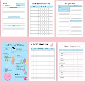 Preview of 6 pages from the 58-page Baby Shower Planner Printable — includes medical appointment tracker, prenatal vitamin tracker, baby shower planning pages, shower checklist, budget tracker, and venue comparison sheet. Also features medical tracking tools for moms-to-be. Instant download!