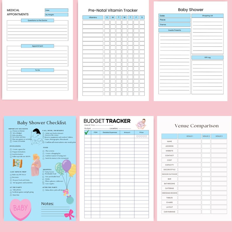 Preview of 6 pages from the 58-page Baby Shower Planner Printable — includes medical appointment tracker, prenatal vitamin tracker, baby shower planning pages, shower checklist, budget tracker, and venue comparison sheet. Also features medical tracking tools for moms-to-be. Instant download!