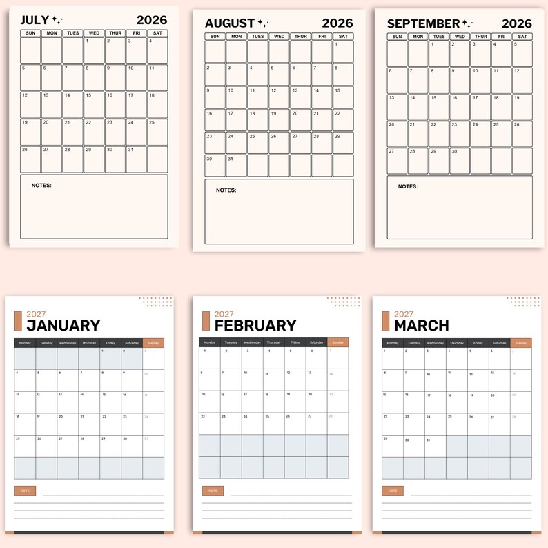 Monthly Planner pages for 2026 and 2027 from the Teacher Planner Printables Bundle — clean, easy-to-print monthly spreads for teachers. Download your 2026–2027 planner instantly.”