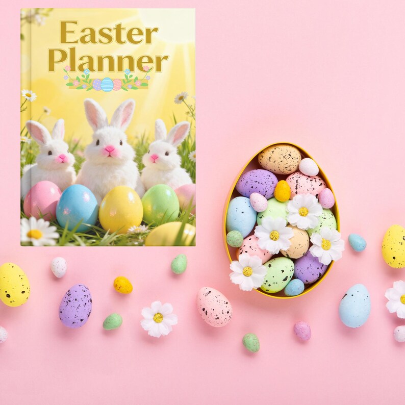 Beautiful cover of the 43-page Easter Printable Planner, featuring soft pastel spring colors and festive Easter design. Perfect for organizing Easter egg hunts, holiday schedules, family gatherings, and seasonal planning. A4 size PDF printable – instant download to start planning a joyful, stress-free Easter today.