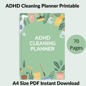Elegant ADHD Cleaning Planner cover design, 70-page A4 printable PDF with a beautiful modern layout – thoughtfully created to inspire calm, focus, and a fresh start in your home organization journey – instant download, begin your transformation today ✨