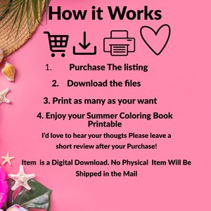 Instructions: purchase the listing, download the files, and print as many copies as you want. Get your summer coloring book now!