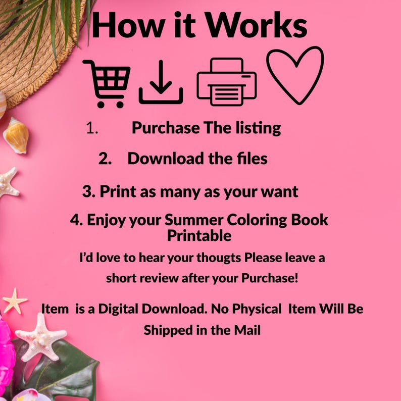 Instructions: purchase the listing, download the files, and print as many copies as you want. Get your summer coloring book now!