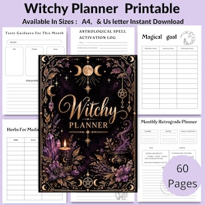 Può includere: Un set di planner stampabile Witchy Planner con una copertina centrale che presenta un'illustrazione in viola scuro e oro di una candela, cristalli e un calderone. Le pagine includono modelli per tarocchi, registri di incantesimi, obiettivi, erbe e un planner per la retrogradazione, per un totale di 60 pagine.
