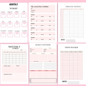 Printable Fitness Planner A4 PDF monthly pages – monthly weight tracker, my exercise routine, strength training log, steps tracker, daily and monthly fitness planner pages, printable workout organizer – download and print now.