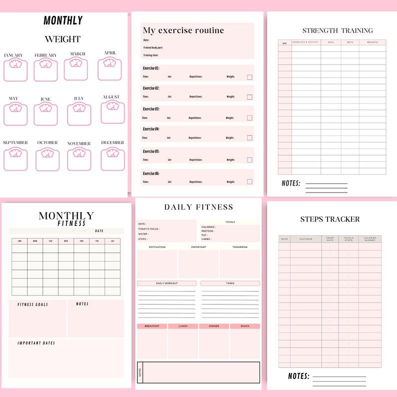 Printable Fitness Planner A4 PDF monthly pages – monthly weight tracker, my exercise routine, strength training log, steps tracker, daily and monthly fitness planner pages, printable workout organizer – download and print now.