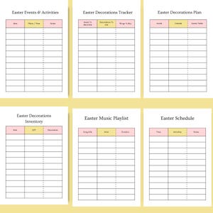 Preview of Easter Events & Activities planner, Easter Decoration Tracker, Easter Decoration Plan, Easter Schedule, Easter Music Playlist and Easter Decoration Inventory pages. Soft pastel spring design with organized sections to plan activities, décor, timing and festive details effortlessly. Part of the 43-page Easter Printable Planner in A4 PDF format. Instant download – print and create a beautifully planned and joyful Easter celebration today.