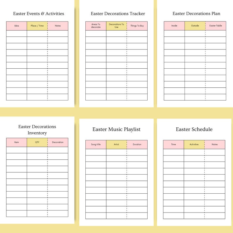 Preview of Easter Events & Activities planner, Easter Decoration Tracker, Easter Decoration Plan, Easter Schedule, Easter Music Playlist and Easter Decoration Inventory pages. Soft pastel spring design with organized sections to plan activities, décor, timing and festive details effortlessly. Part of the 43-page Easter Printable Planner in A4 PDF format. Instant download – print and create a beautifully planned and joyful Easter celebration today.