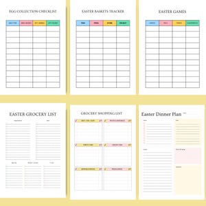 Preview of Egg Collection Checklist, Easter Baskets Tracker, Easter Games planner, Easter Dinner Plan, Grocery Shopping List and Easter Grocery List pages. Thoughtfully designed pastel spring layouts to help you organize egg hunts, family games, dinner preparation and shopping with ease. Part of the 43-page Easter Printable Planner in A4 size PDF format. Instant download – print and enjoy a smooth, joyful and perfectly organized Easter celebration today.