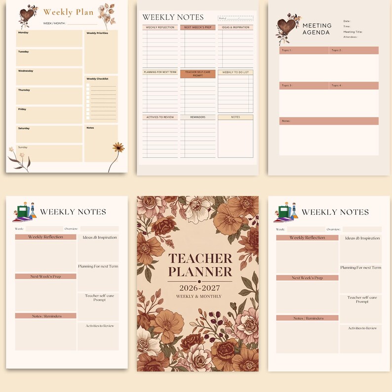 Weekly Planner pages with Weekly Plan, Weekly Notes, and Meeting Agenda alongside the Teacher Planner 2026–2027 Monthly & Weekly cover — printable teacher planning pages. Download your 2026–2027 planner instantly.”