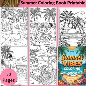 Beautiful cover of a 50-page printable summer coloring book with beach-themed coloring pages. Download now and start coloring instantly.