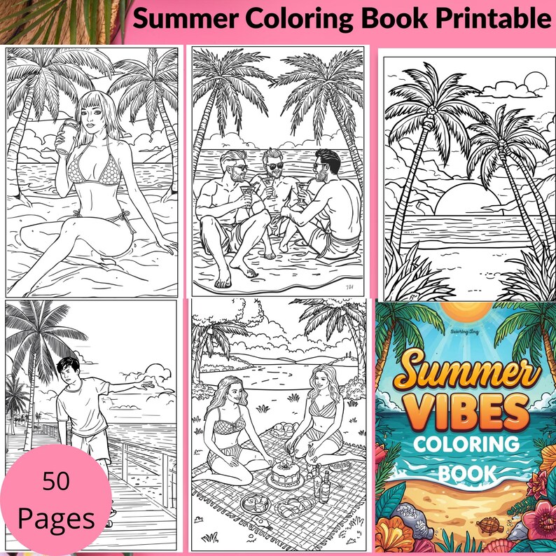 Beautiful cover of a 50-page printable summer coloring book with beach-themed coloring pages. Download now and start coloring instantly.