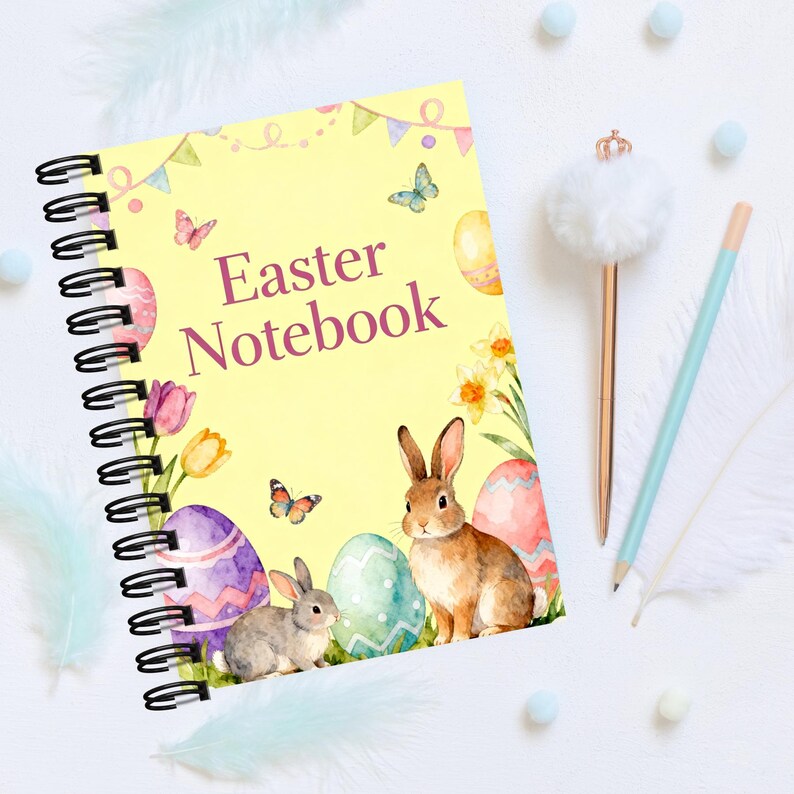 Beautiful cover of the 40-page Easter Notebook, part of the Easter Printable Bundle, featuring soft pastel spring colors and festive Easter design. Perfect for journaling, note-taking, meal planning, or capturing Easter memories. A4 size PDF printable – instant download to start organizing and celebrating a joyful Easter today.