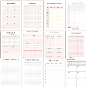 Printable Fitness Planner A4 PDF interior pages – 30 day fitness challenge, cardio tracker, calorie intake tracker, strength training log, steps tracker, fitness goals, daily and monthly fitness planner, running tracker, weight tracker, meal planner and calories tracker – instant download