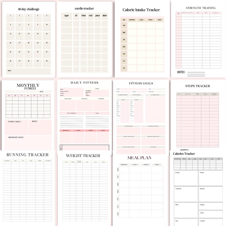 Printable Fitness Planner A4 PDF interior pages – 30 day fitness challenge, cardio tracker, calorie intake tracker, strength training log, steps tracker, fitness goals, daily and monthly fitness planner, running tracker, weight tracker, meal planner and calories tracker – instant download
