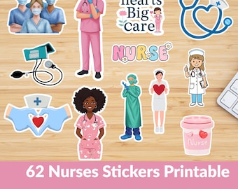 May include: A collection of 62 printable nurse stickers in a transparent PNG bundle. The stickers feature illustrations of nurses, medical equipment, and text like "Little hearts Big care" and "Nurse". The stickers are in various colors, including pink, blue, and white.