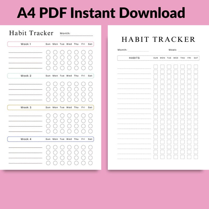 A preview of 2 weekly habit tracker printable pages, featuring organized and easy-to-use layouts to help you track daily habits, stay productive, and maintain consistency throughout the week — download your printable now and take control of your routines 💪✨