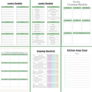 ADHD Cleaning Planner printable pages including Laundry Checklist, Weekly Cleaning Schedule, Yearly Cleaning Checklist, General Cleaning Checklist, and Kitchen Deep Clean planner – thoughtfully designed to keep your home organized, reduce overwhelm, and make cleaning feel manageable – download instantly and take control of your routine today ✨