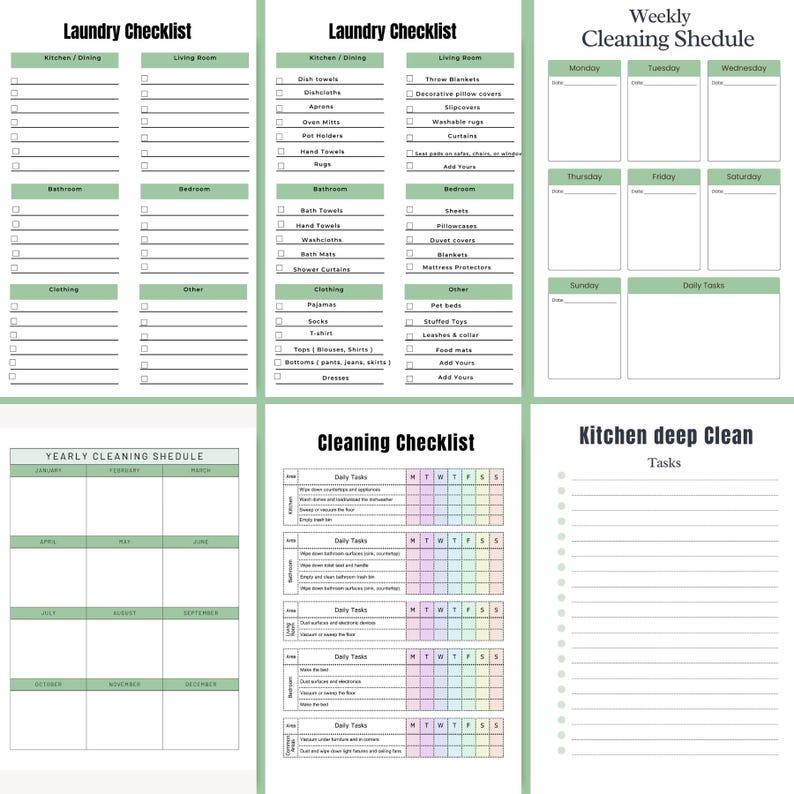 ADHD Cleaning Planner printable pages including Laundry Checklist, Weekly Cleaning Schedule, Yearly Cleaning Checklist, General Cleaning Checklist, and Kitchen Deep Clean planner – thoughtfully designed to keep your home organized, reduce overwhelm, and make cleaning feel manageable – download instantly and take control of your routine today ✨