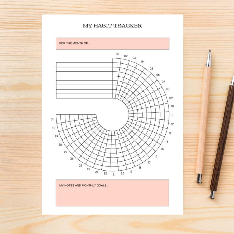 May include: A white habit tracker sheet with the text "MY HABIT TRACKER". The sheet has a pink header and footer, and a circular grid for tracking habits. Two pens, one light and one dark, are on the right side.