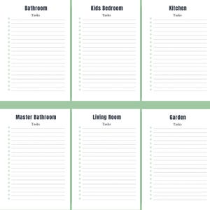 Room-by-room ADHD Cleaning Planner pages featuring Bathroom, Kids Bedroom, Kitchen, Garden, Living Room, and Master Bathroom checklists – beautifully designed to help you clean with clarity, stay motivated, and finally feel proud of your home – download instantly and start your organized reset today ✨