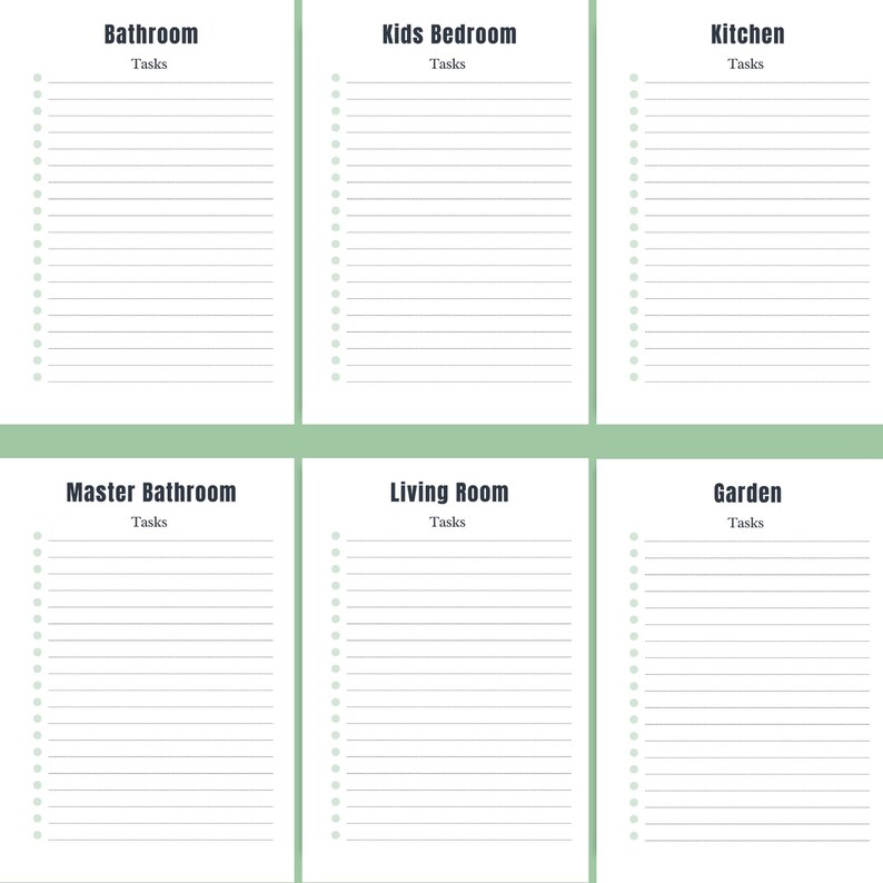 Room-by-room ADHD Cleaning Planner pages featuring Bathroom, Kids Bedroom, Kitchen, Garden, Living Room, and Master Bathroom checklists – beautifully designed to help you clean with clarity, stay motivated, and finally feel proud of your home – download instantly and start your organized reset today ✨