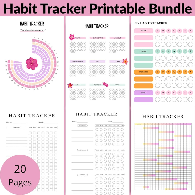 A stylish preview of 6 different habit tracker printable pages from the bundle, showcasing a variety of clean and modern layouts designed to fit every lifestyle, helping you stay motivated, organized, and consistent with your goals — download now and find the perfect system that works for you ✨