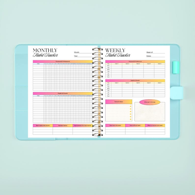 A preview of 2 habit tracker printable pages: one colorful monthly habit tracker and one organized weekly habit tracker, designed to help you stay consistent, track your progress, and build positive routines — download now and take control of your habits with ease ✨📅✅