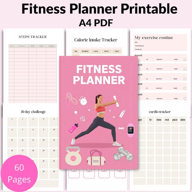 Printable Fitness Planner A4 PDF – 60-page workout planner and exercise log, printable fitness planner with cover and interior pages, instant download to organize workouts, track fitness goals and routines – download and print now.