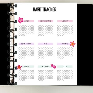 A daily habit tracker printable page featuring habits like water intake, healthy eating, workouts, reading, journaling, saving, no-spend days, and cooking, designed to help you build a balanced and intentional lifestyle — download now and start tracking your habits with ease ✨💧📚🏋️‍♀️