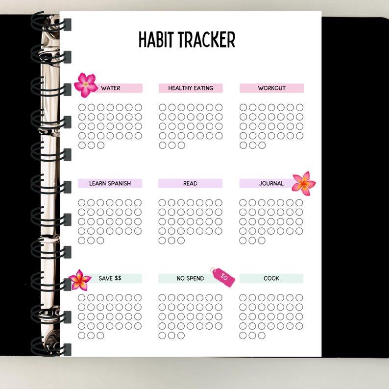 A daily habit tracker printable page featuring habits like water intake, healthy eating, workouts, reading, journaling, saving, no-spend days, and cooking, designed to help you build a balanced and intentional lifestyle — download now and start tracking your habits with ease ✨💧📚🏋️‍♀️