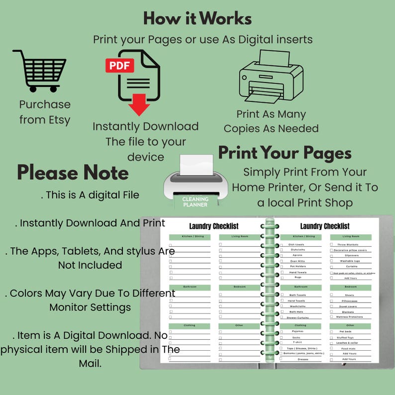 ADHD Cleaning Planner digital download instructions – purchase from Etsy, instantly download the A4 PDF file to your device, print unlimited copies, and start organizing your home right away – note: this is a digital item, no physical product will be shipped ✨