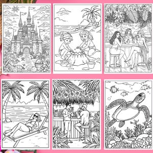 Set of 6 detailed beach coloring pages from a 50-page printable summer coloring book, featuring beautiful summer illustrations for instant download.