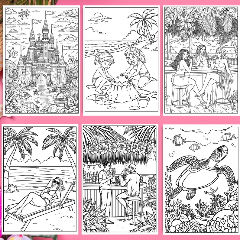 Set of 6 detailed beach coloring pages from a 50-page printable summer coloring book, featuring beautiful summer illustrations for instant download.
