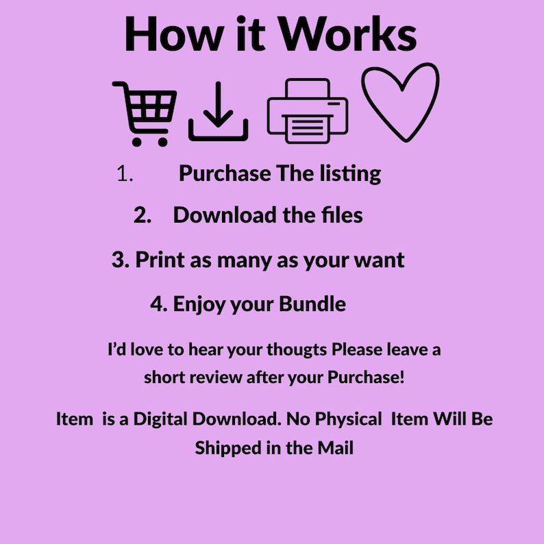 Instructions for the Easter Printable Planner & Notebook Bundle: purchase the listing from Etsy, instantly download the A4 PDF files, and print as many copies as you want. Digital product only – no physical item will be shipped. Easy step-by-step guide to start planning your joyful Easter immediately.