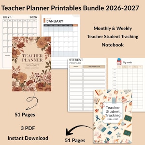 Teacher Planner 2026–2027 Printables Bundle showcasing the Monthly & Weekly Planner and the Teacher–Student Tracking Planner — perfect printable organizers for teachers. Download your planning bundle instantly.”
