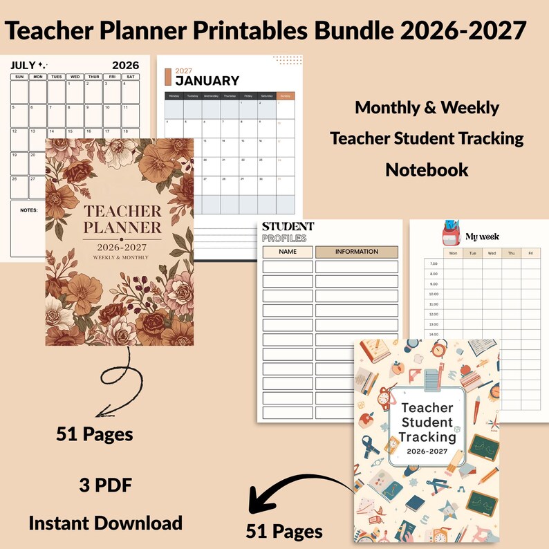 Teacher Planner 2026–2027 Printables Bundle showcasing the Monthly & Weekly Planner and the Teacher–Student Tracking Planner — perfect printable organizers for teachers. Download your planning bundle instantly.”