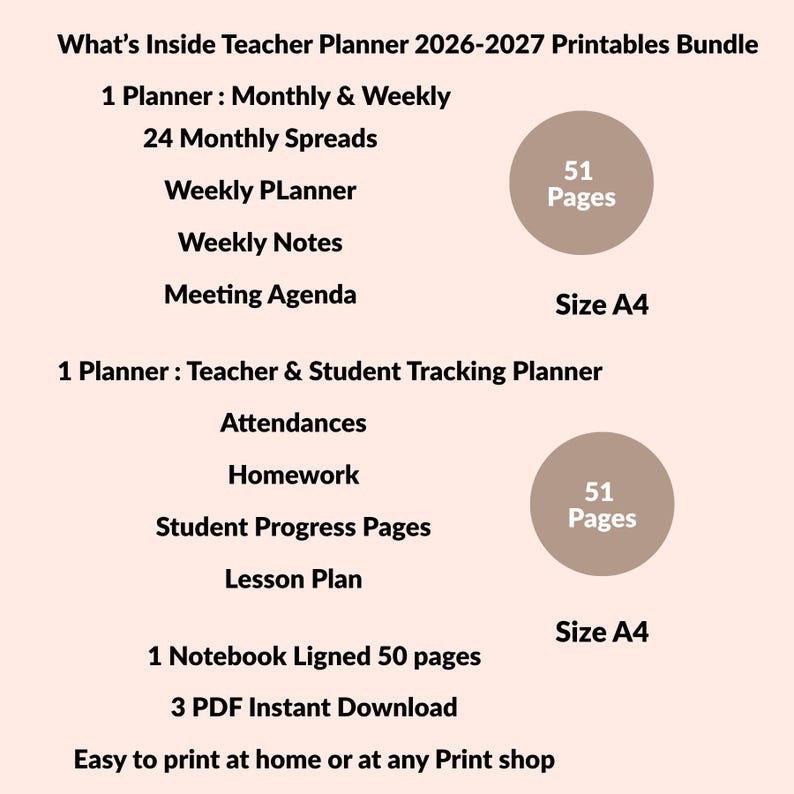 What's Inside: Each Teacher Planner includes 51 pages plus cover, and the lined Notebook includes 50 pages plus cover — a complete set of 3 printable PDF planners. Download your 2026–2027 teacher planner bundle instantly.”