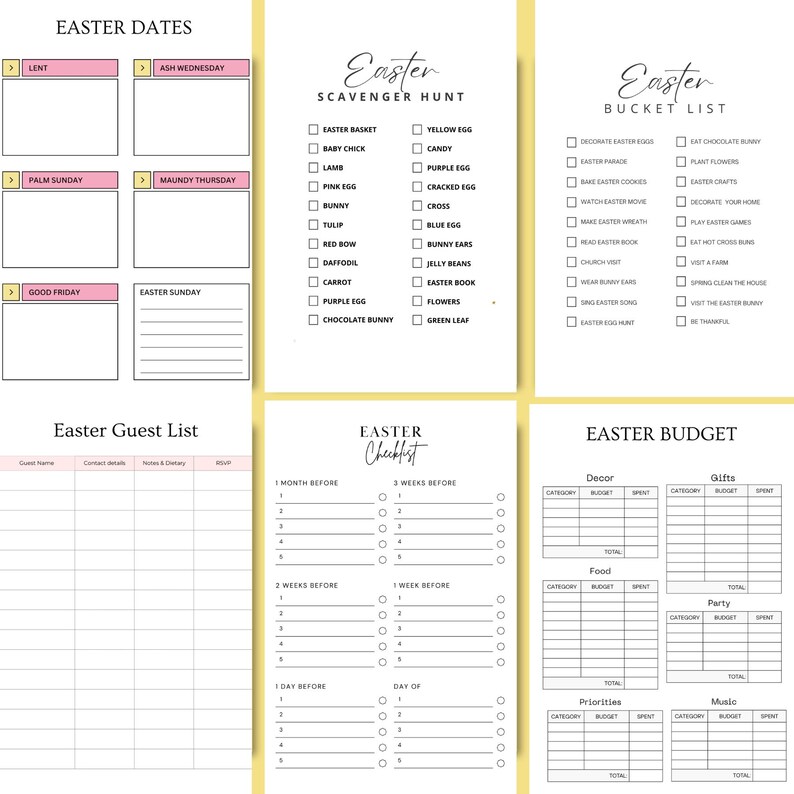 Preview of special Easter planning pages including Easter Dates, Easter Scavenger Hunt planner, Easter Bucket List, Easter Guest List, Easter Checklist and Easter Budget tracker. Beautiful pastel spring design with organized sections to plan every detail of your celebration. Part of the 43-page Easter Printable Planner in A4 PDF format. Instant download – print and create a magical, stress-free Easter celebration today.