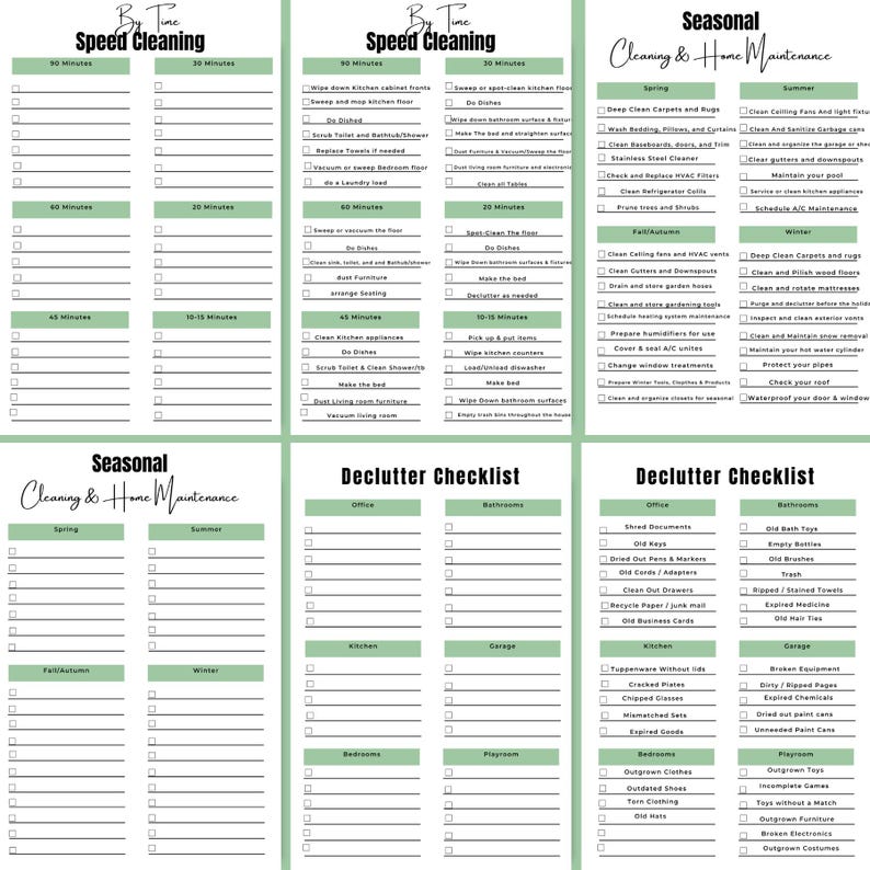 ADHD Cleaning Planner pages featuring Speed Cleaning by Time, filled and blank templates, Declutter Checklist, and Seasonal Cleaning & Home Maintenance layouts – flexible printable pages designed to fit your routine, reduce stress, and help you reset your home with confidence – download instantly and start fresh today ✨