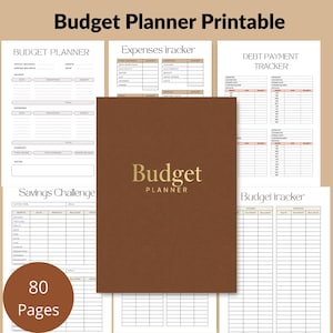 May include: A printable budget planner with various financial tracking pages. The cover is brown with gold text that reads "Budget Planner". The planner includes sections for expenses, debt payment, and savings challenges. The image also shows "80 Pages".