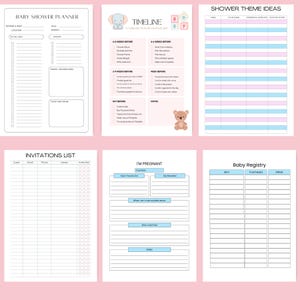 Preview of Baby Shower Planner pages — timeline planning sheet, shower theme ideas, invitation list, ‘I’m Pregnant’ announcement page, and baby registry organizer. Part of the 58-page printable planner. Perfect for stress-free baby shower planning. Instant download!