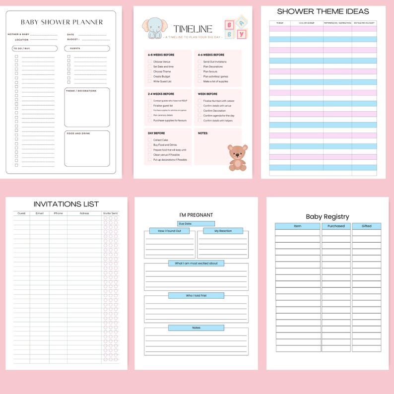 Preview of Baby Shower Planner pages — timeline planning sheet, shower theme ideas, invitation list, ‘I’m Pregnant’ announcement page, and baby registry organizer. Part of the 58-page printable planner. Perfect for stress-free baby shower planning. Instant download!
