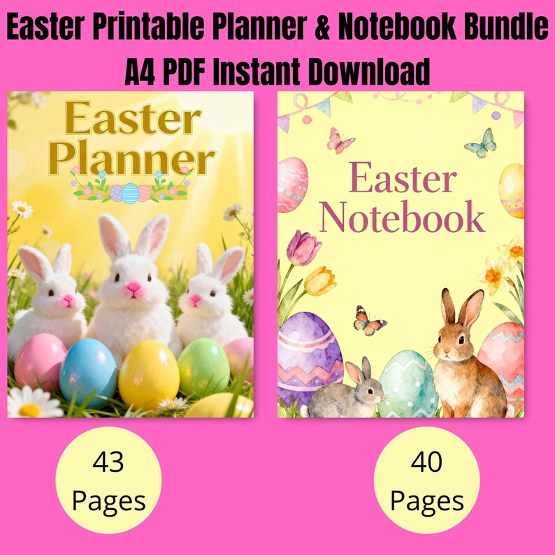 Beautiful cover designs of the Easter Printable Planner (43 pages) and matching Easter Notebook (40 pages), displayed side by side in elegant pastel spring colors with festive Easter details. A4 size PDF printable bundle, perfect for organizing Easter egg hunts, holiday planning and seasonal notes. Instant download – print and start your joyful Easter planning today.