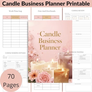May include: A pink and gold printable candle business planner with 70 pages. The planner includes sections for work time logs, candle making details, and candle reviews. The cover features lit candles and pink roses.