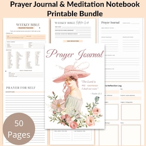Puede incluir: Un paquete imprimible de diarios de oración y cuadernos de meditación. La portada presenta una ilustración en acuarela de una mujer con sombrero, rodeada de flores. El paquete incluye 50 páginas con secciones para la lectura bíblica semanal, reflexiones diarias y oración.