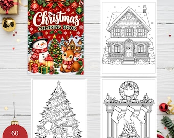 May include: A Christmas coloring book featuring a colorful cover with a snowman, reindeer, and gifts, alongside three black and white line art pages showing a decorated house, children decorating a Christmas tree, and a fireplace with stockings.