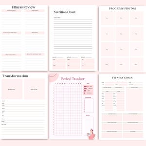 Printable Fitness Planner A4 PDF review pages – fitness review, nutrition chart, progress photos, body transformation tracker, period tracker, fitness goals pages, printable workout and health planner – instant download.