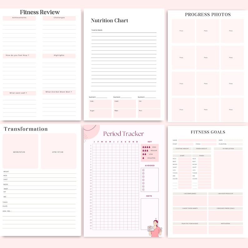 Printable Fitness Planner A4 PDF review pages – fitness review, nutrition chart, progress photos, body transformation tracker, period tracker, fitness goals pages, printable workout and health planner – instant download.